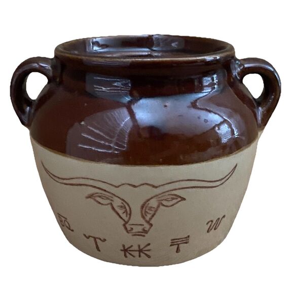 Vintage Monmouth Texas Longhorn Western Small Bean Pot Crock USA Stoneware - Picture 1 of 7